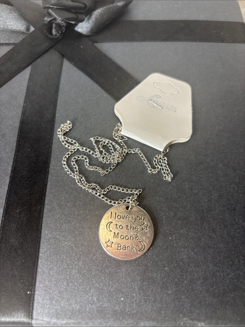 Luvalti Silver tone I love you to the moon and back Disc Necklace NWT